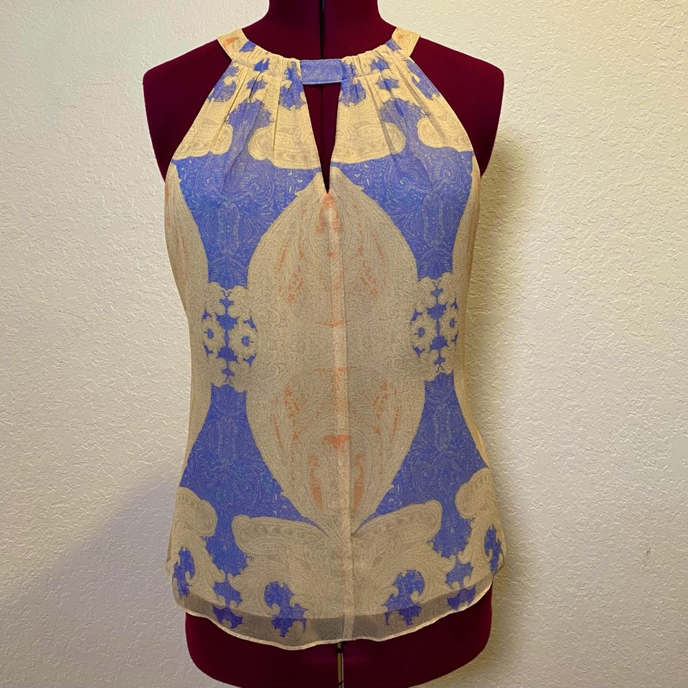Antonio Melani | Cream Blouse with Orange and Blue Abstract Pattern M 🫐🍊✨